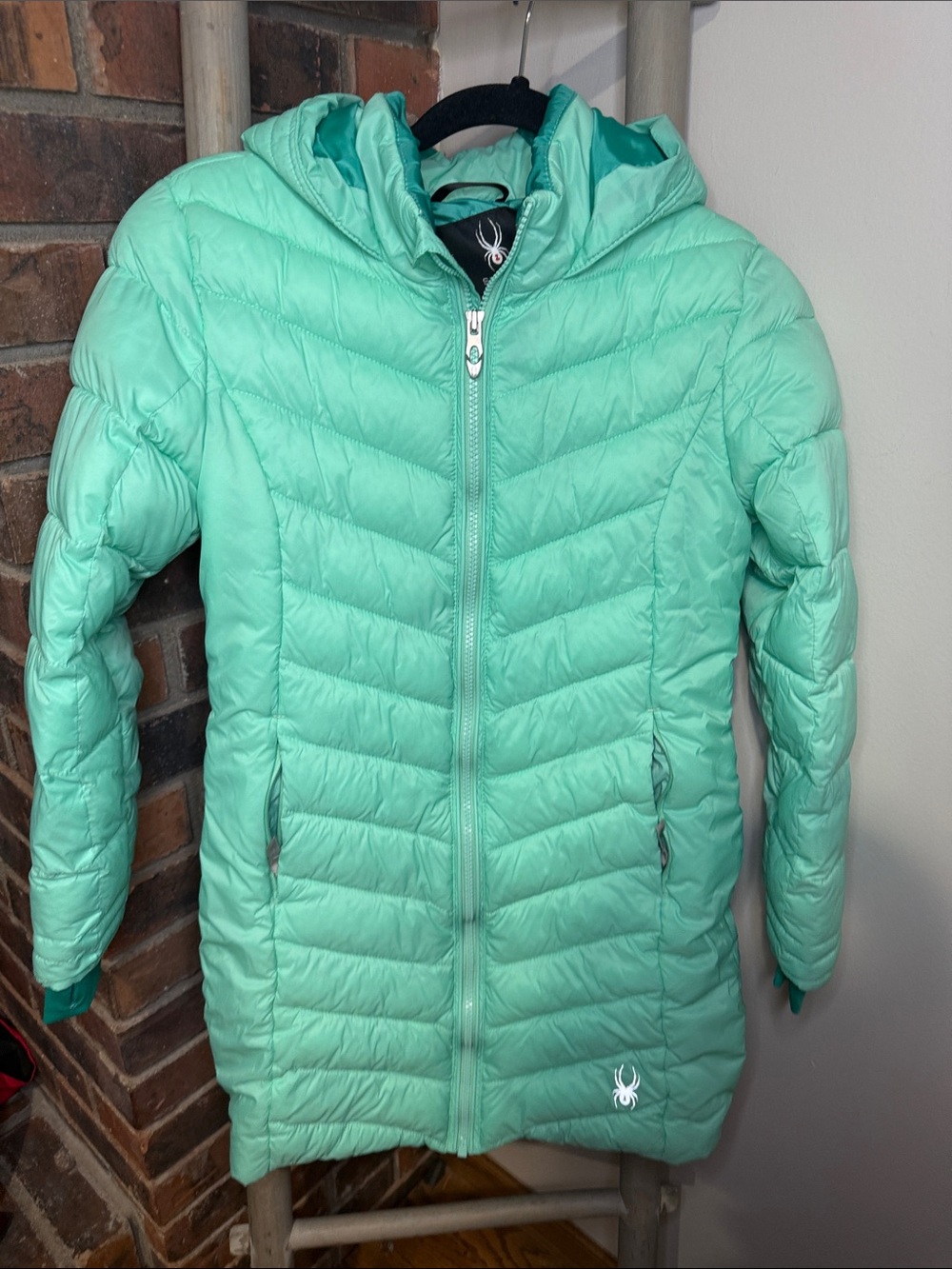 Spyder Girls Mint Green Hooded Long Puffer Jacket Size M 10/12